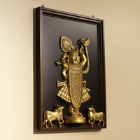 Pichwai-Inspired Brass Shrinathji & Cows With Wooden  Frame