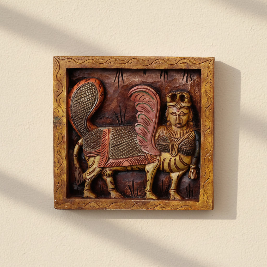 Handcrafted Wooden Kamdhenu Wall Panel