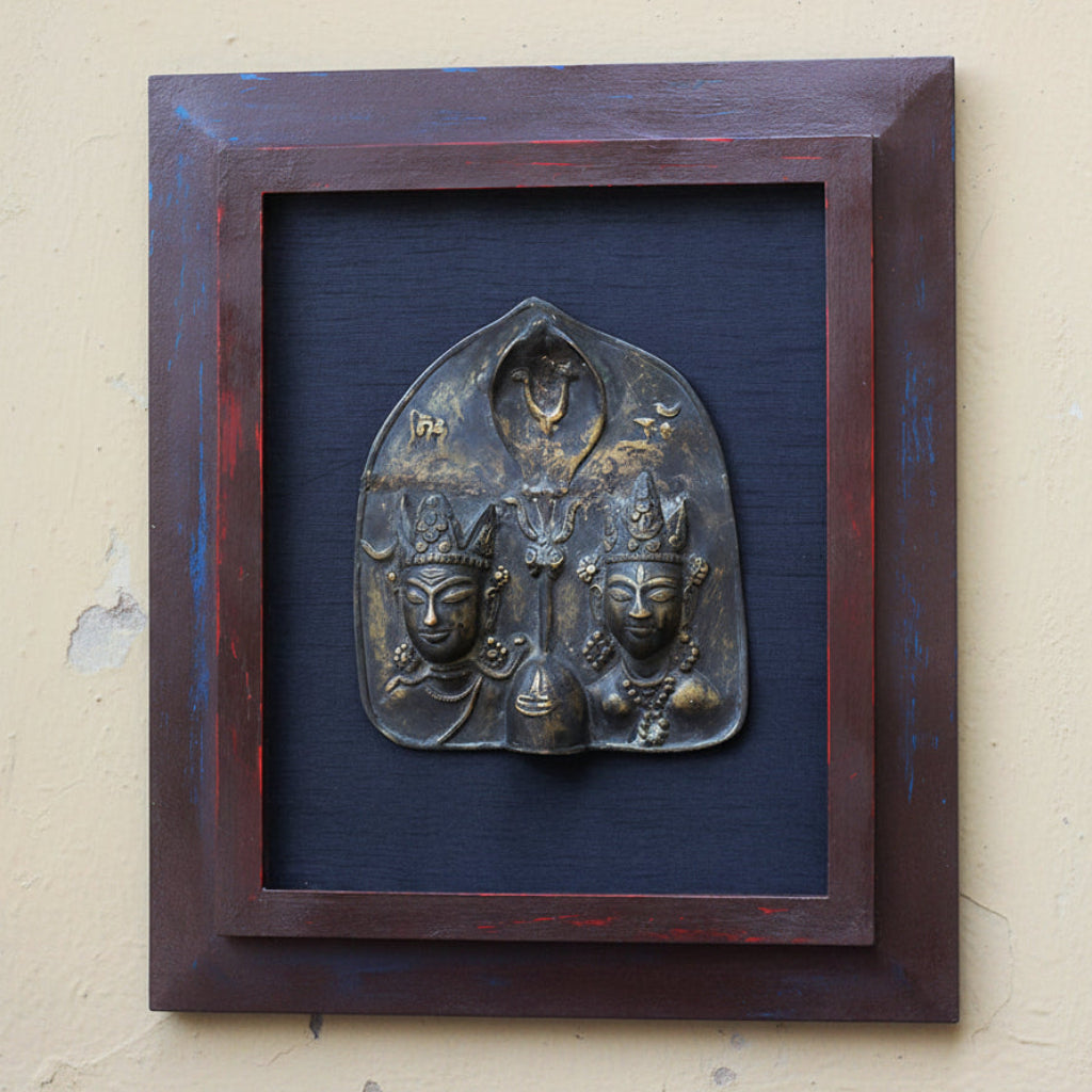 Wooden Frame With Vinatge Brass Tribal Style Shiva Parvati