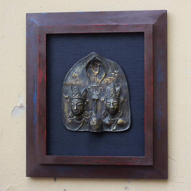 Wooden Frame With Vinatge Brass Tribal Style Shiva Parvati