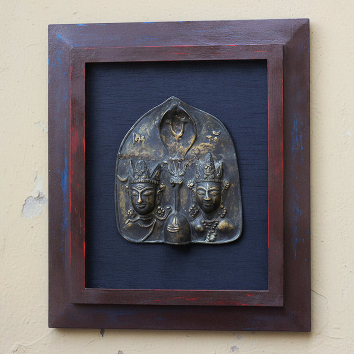 Wooden Frame With Vinatge Brass Tribal Style Shiva Parvati