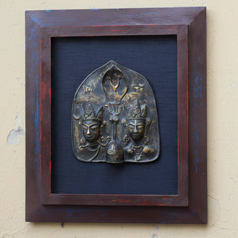 Wooden Frame With Vinatge Brass Tribal Style Shiva Parvati
