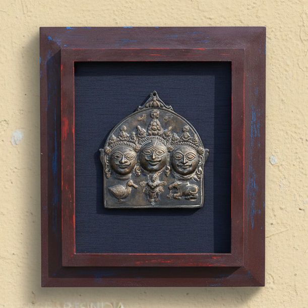 Wooden Frame With Brass Tribal Shiva Mask