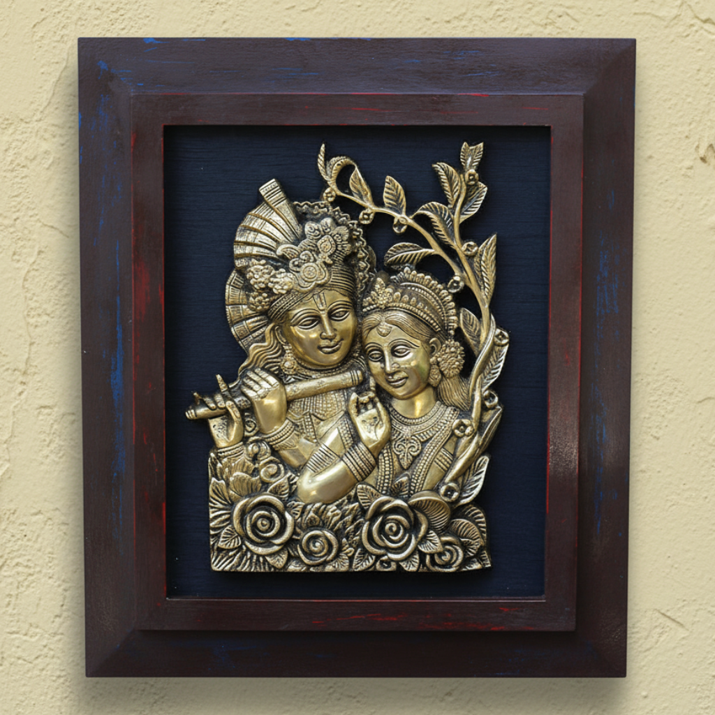 Wooden Frame With Brass Radha Krishna Wall Art