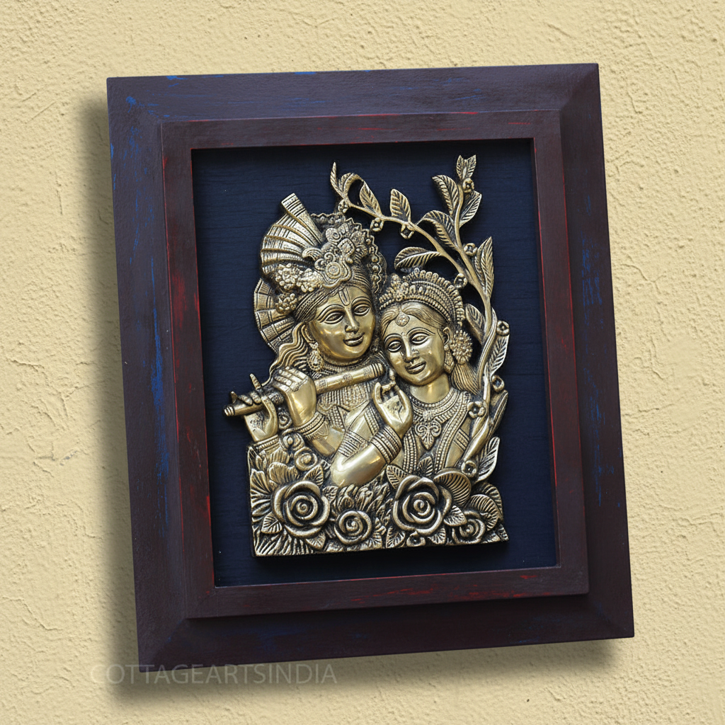 Wooden Frame With Brass Radha Krishna Wall Art