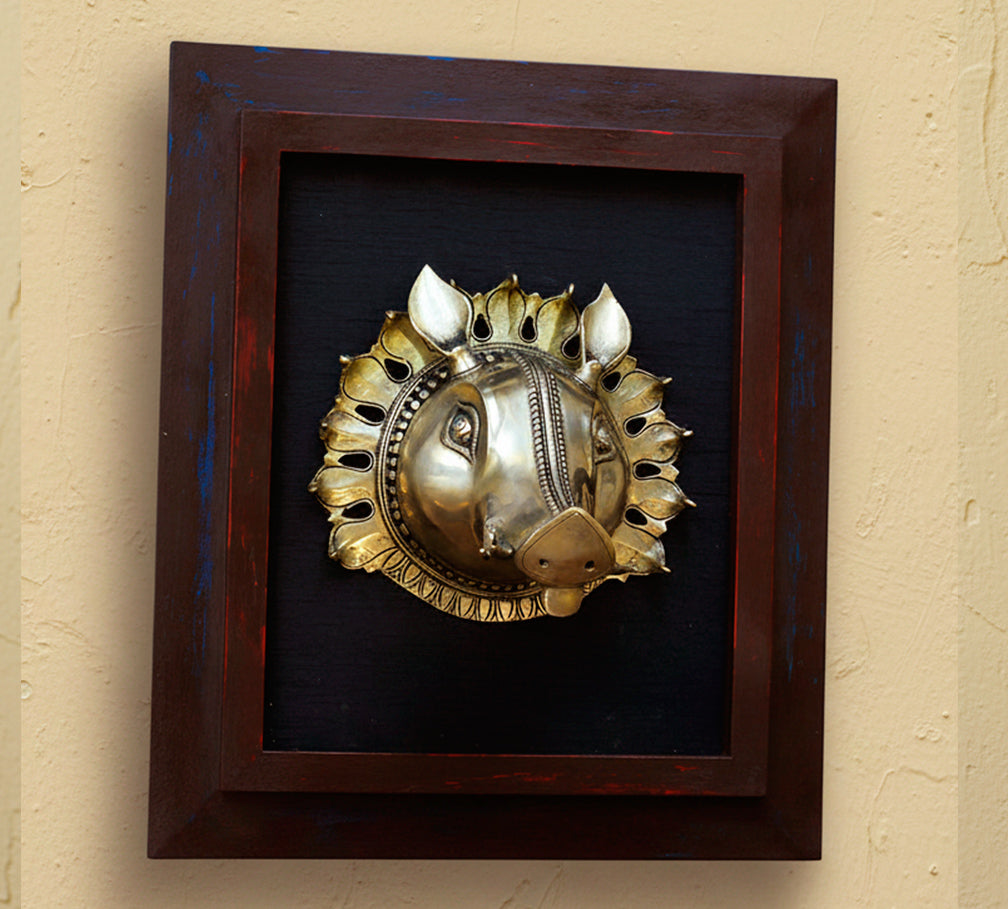 Wooden Frame With Brass Varaha Mask