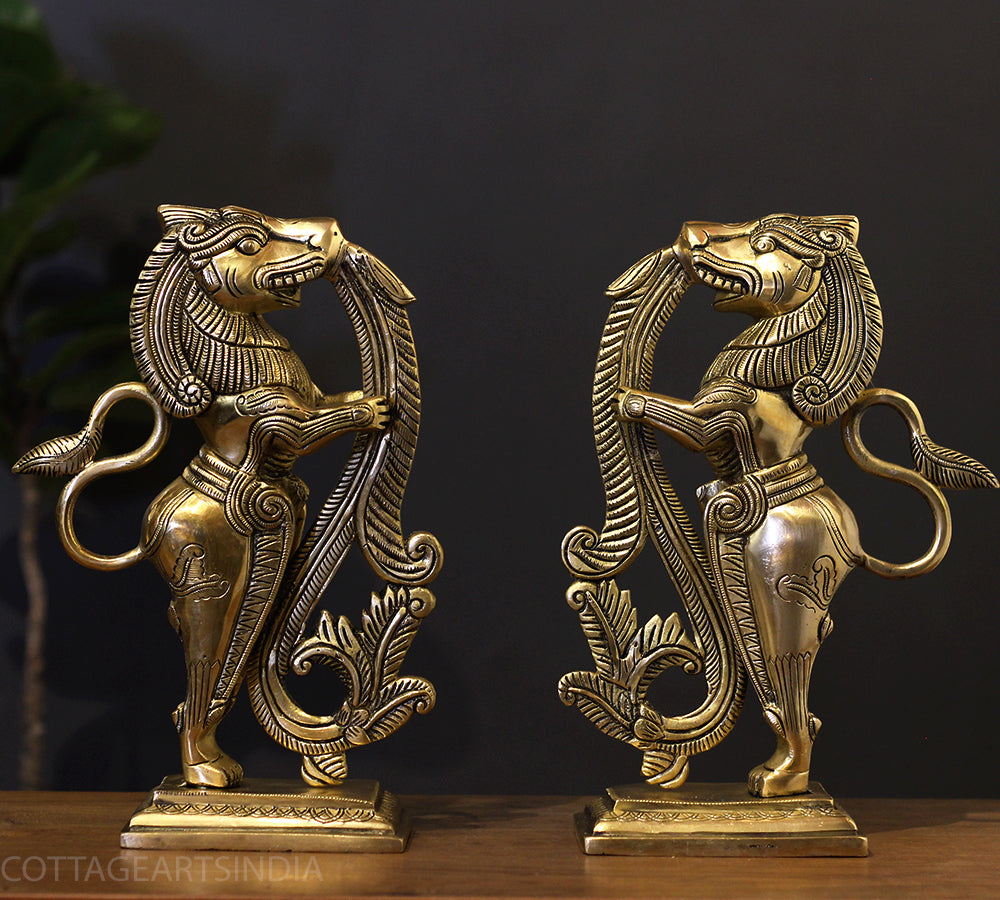 Brass Yali Standing Sculpture with Fine Carving