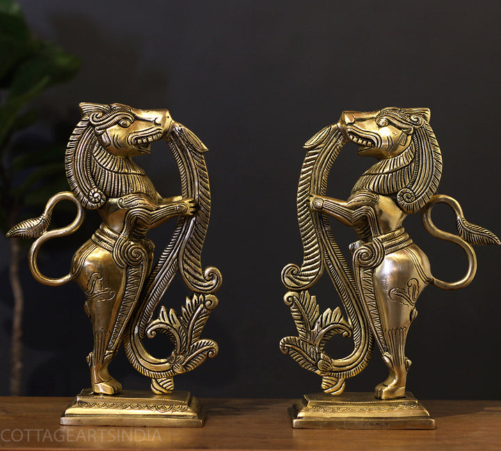 Brass Yali Standing Sculpture with Fine Carving
