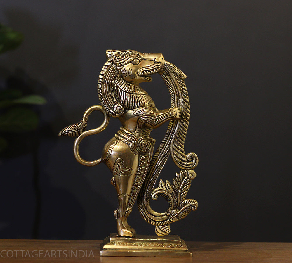 Brass Yali Standing Sculpture with Fine Carving