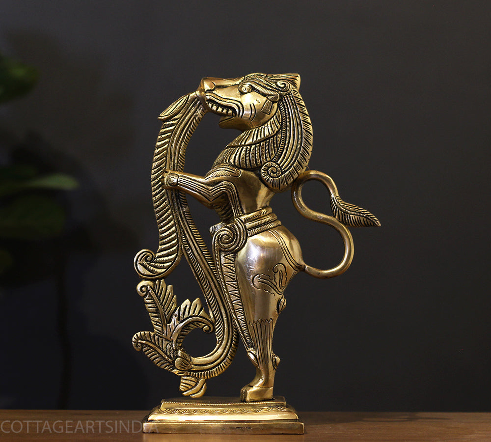 Brass Yali Standing Sculpture with Fine Carving