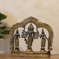 Brass 6 Head-Shanmukha Kartikeya with Lakshmi & Bhudevi Statue 12"