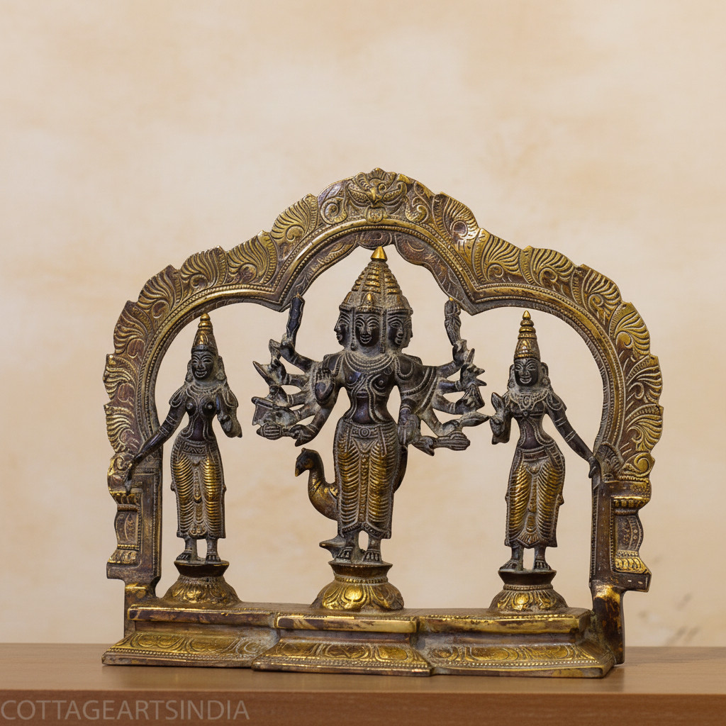 Brass 6 Head-Shanmukha Kartikeya with Lakshmi & Bhudevi Statue 12"