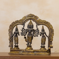 Brass 6 Head-Shanmukha Kartikeya with Lakshmi & Bhudevi Statue 12"