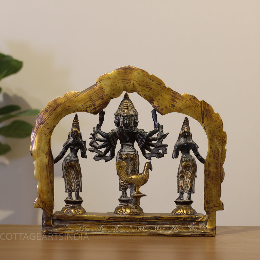 Brass 6 Head-Shanmukha Kartikeya with Lakshmi & Bhudevi Statue 12"