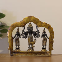 Brass 6 Head-Shanmukha Kartikeya with Lakshmi & Bhudevi Statue 12"