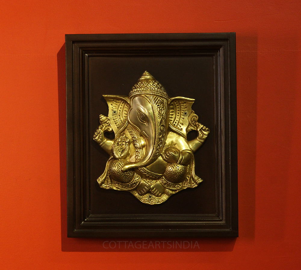 Wooden Framed  Brass Lord Ganesha Wall Panel