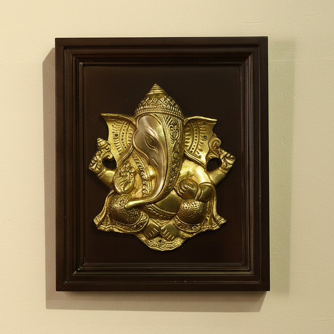 Wooden Framed  Brass Lord Ganesha Wall Panel
