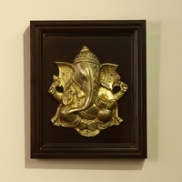 Wooden Framed  Brass Lord Ganesha Wall Panel