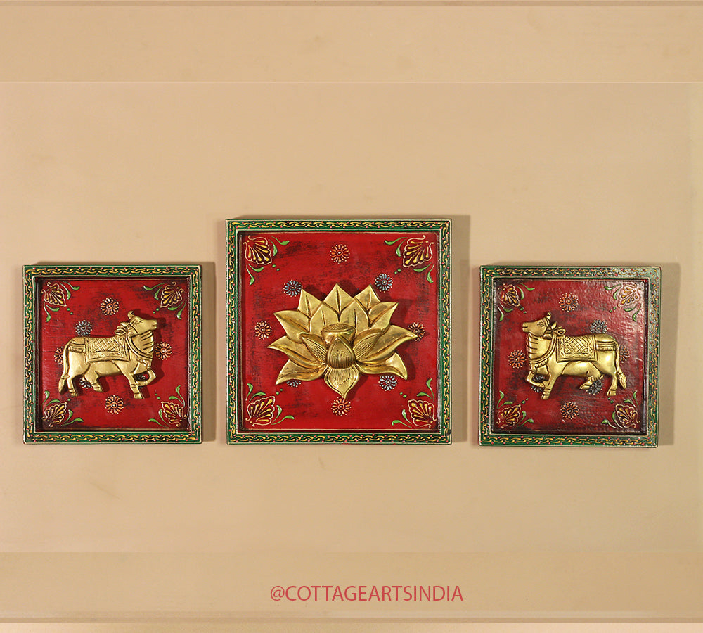 Brass Lotus and Cow pair Wooden Frame
