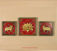 Brass Lotus and Cow pair Wooden Frame