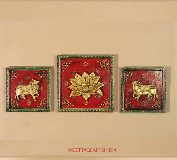 Brass Lotus and Cow pair Wooden Frame