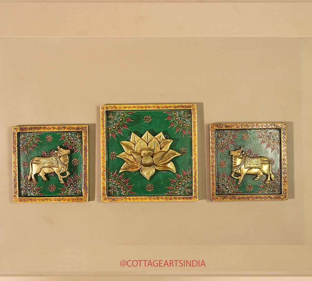 Brass Lotus and Cow pair Wooden Frame