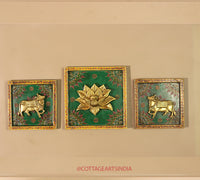 Brass Lotus and Cow pair Wooden Frame