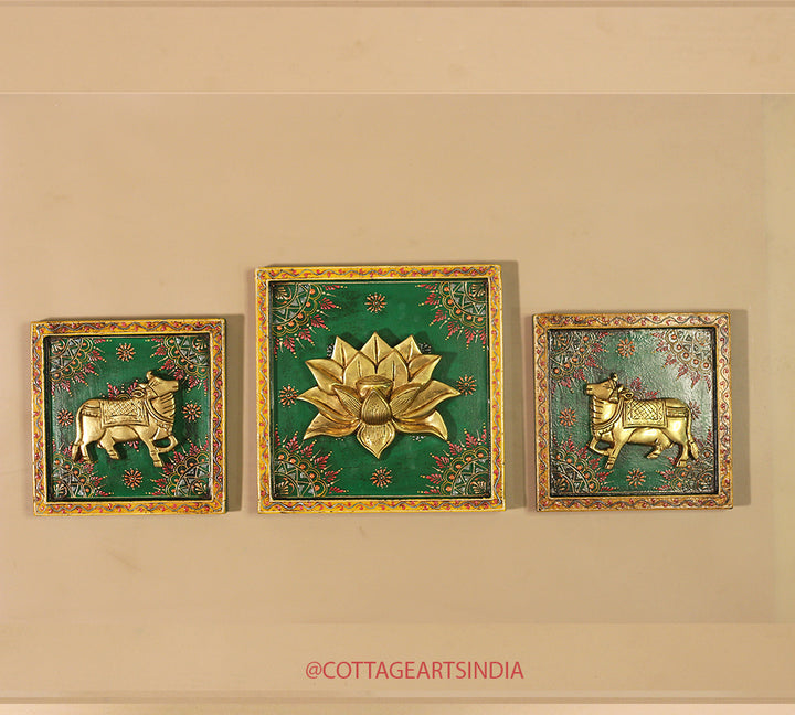 Brass Lotus and Cow pair Wooden Frame
