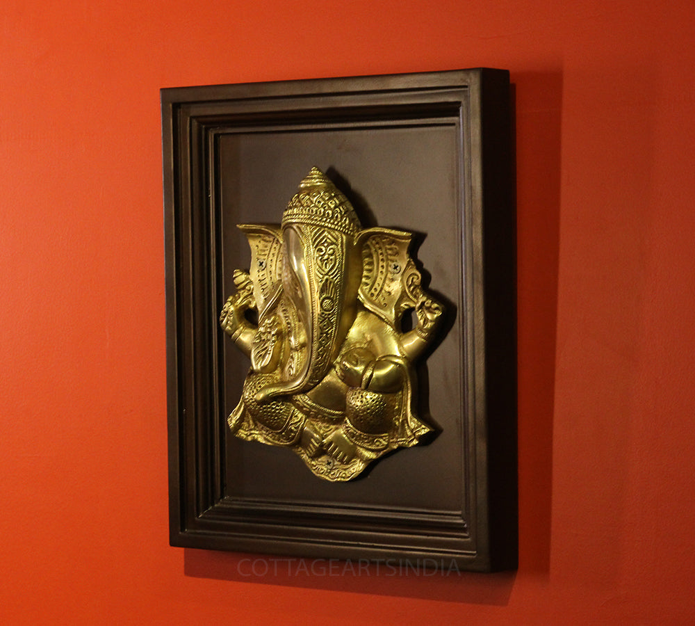 Wooden Framed  Brass Lord Ganesha Wall Panel