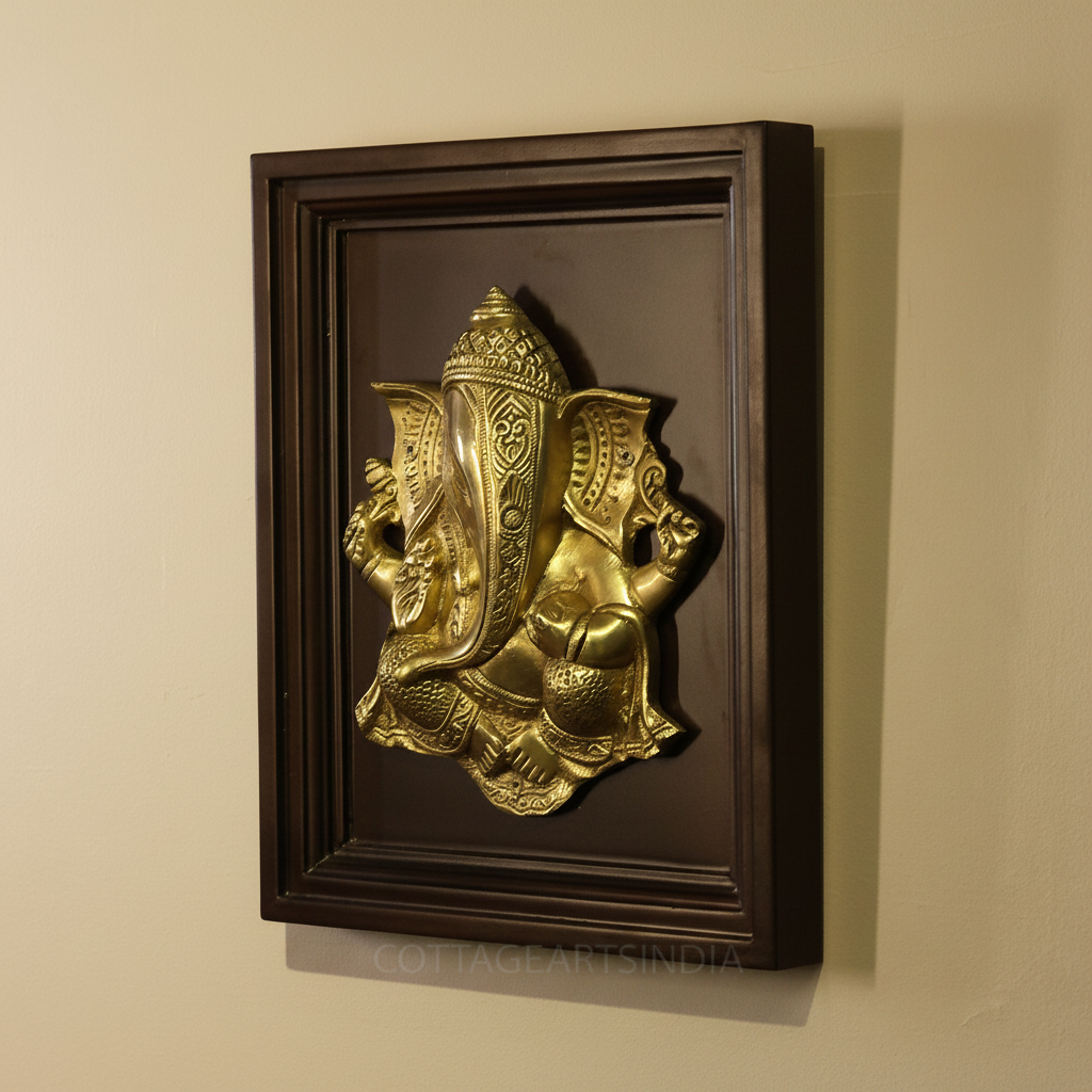 Wooden Framed  Brass Lord Ganesha Wall Panel