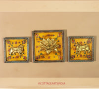 Brass Lotus and Cow pair Wooden Frame