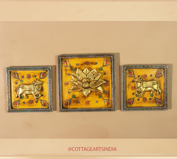 Brass Lotus and Cow pair Wooden Frame