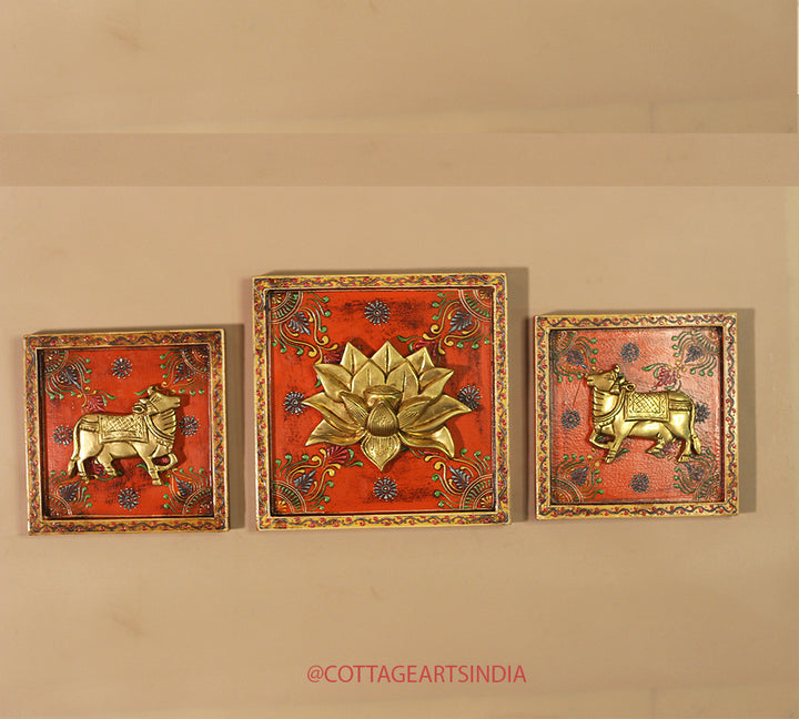 Brass Lotus and Cow pair Wooden Frame