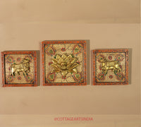 Brass Lotus and Cow pair Wooden Frame