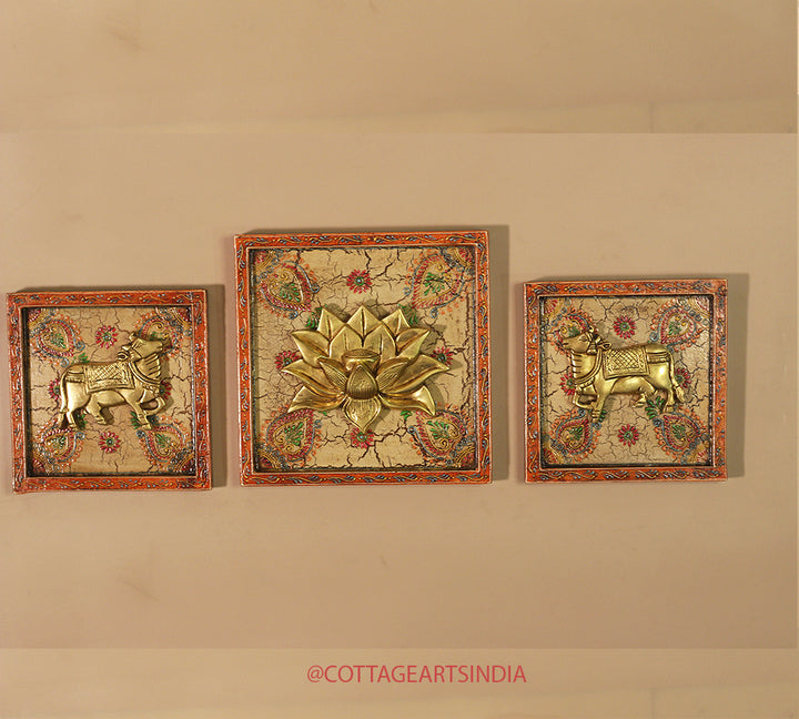 Brass Lotus and Cow pair Wooden Frame