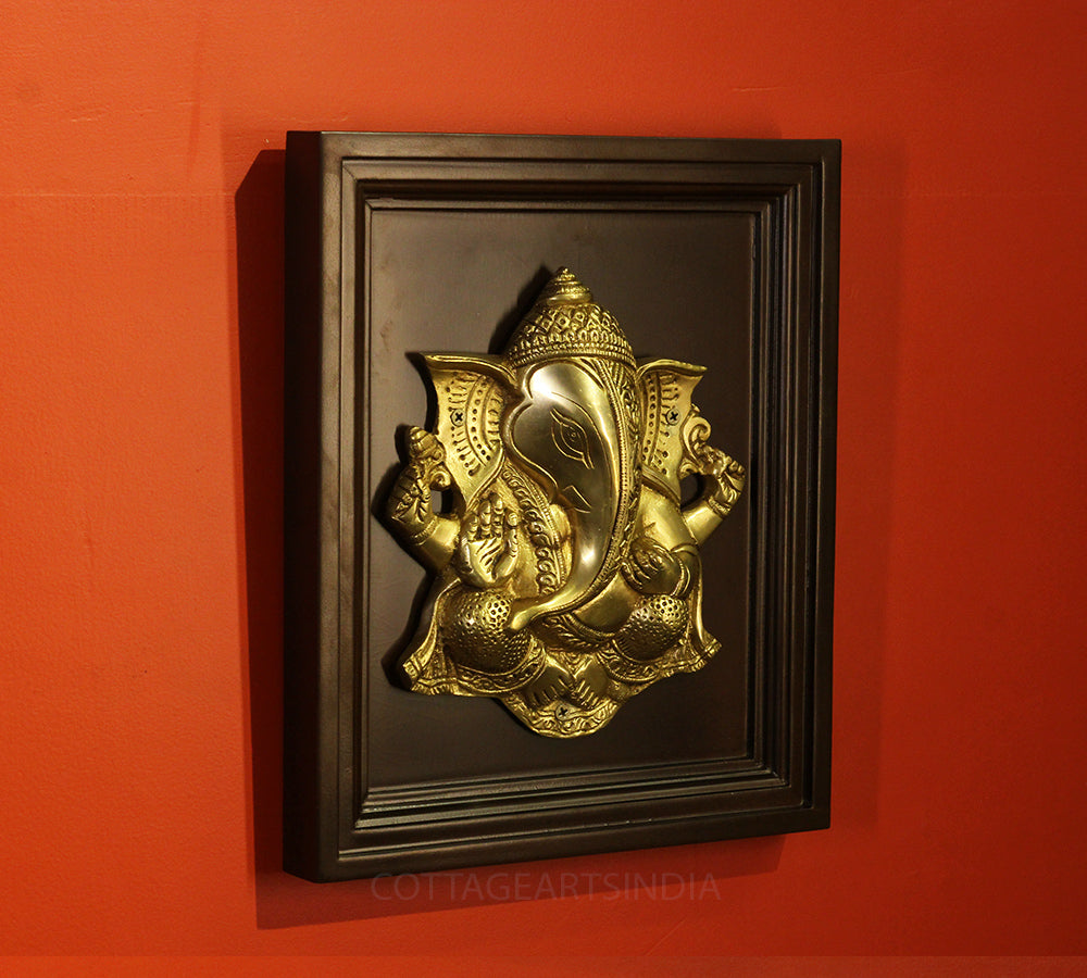 Wooden Framed  Brass Lord Ganesha Wall Panel