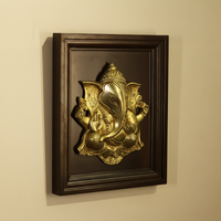Wooden Framed  Brass Lord Ganesha Wall Panel