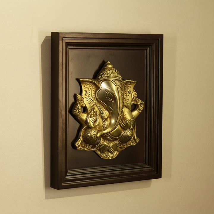 Wooden Framed  Brass Lord Ganesha Wall Panel