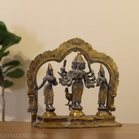 Brass 6 Head-Shanmukha Kartikeya with Lakshmi & Bhudevi Statue 12"