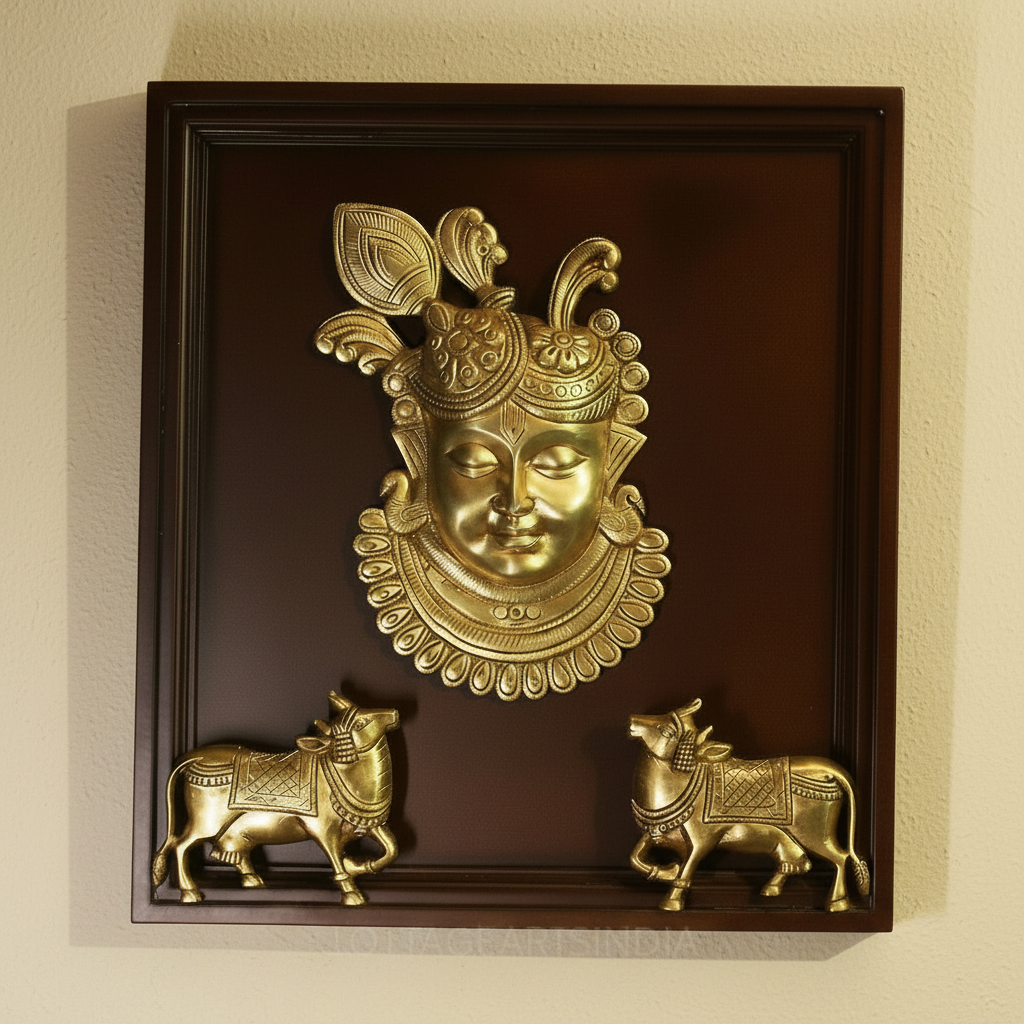 Wooden Framed Brass Shrinathji with Sacred Cows Wall Art