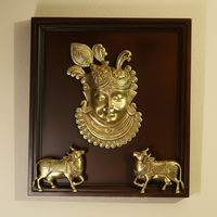 Wooden Framed Brass Shrinathji with Sacred Cows Wall Art