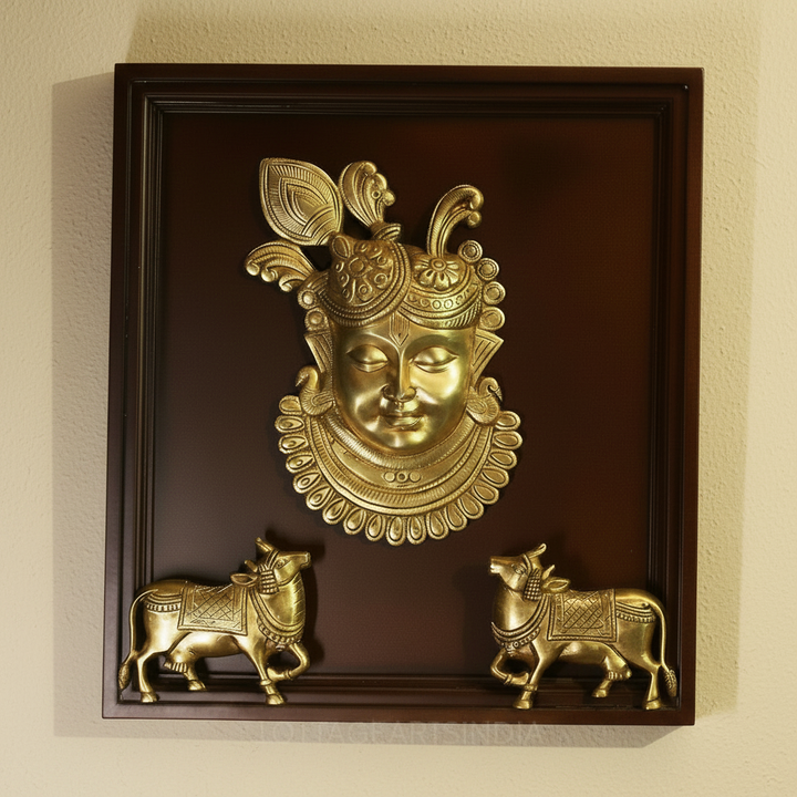 Wooden Framed Brass Shrinathji with Sacred Cows Wall Art