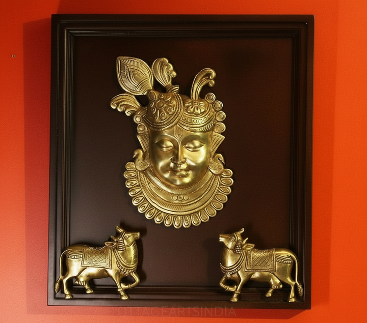 Wooden Framed Brass Shrinathji with Sacred Cows Wall Art