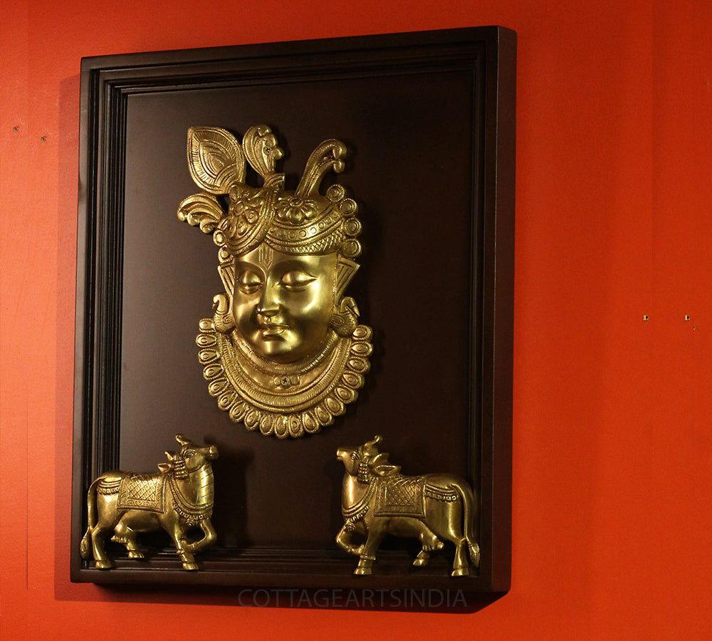 Wooden Framed Brass Shrinathji with Sacred Cows Wall Art