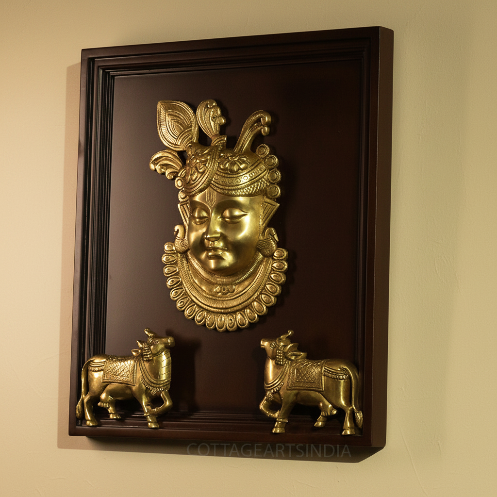 Wooden Framed Brass Shrinathji with Sacred Cows Wall Art