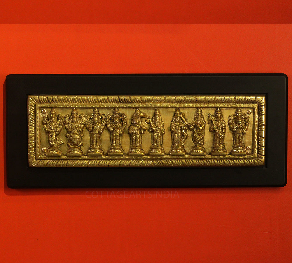 Brass Dasavthar Plate on Wooden Wall Panel