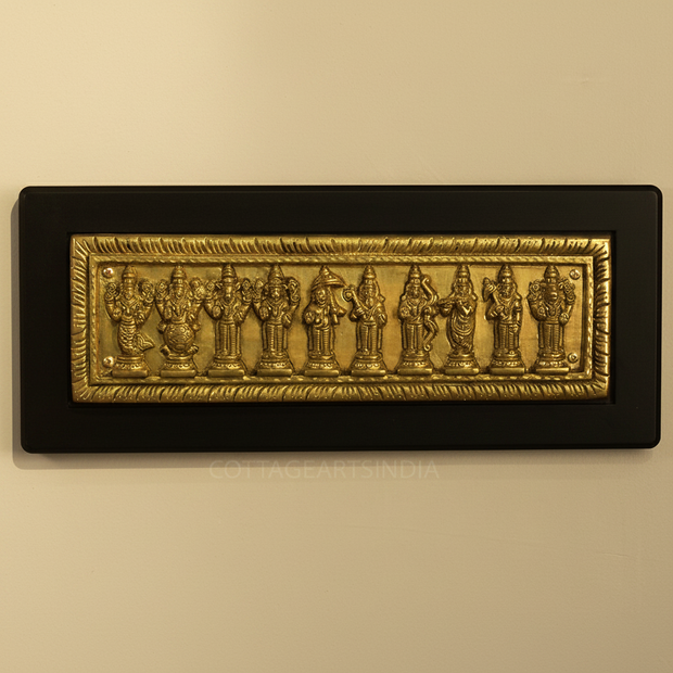 Brass Dasavthar Plate on Wooden Wall Panel