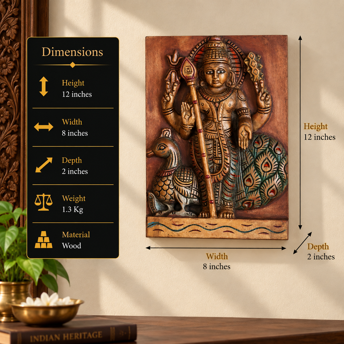 Wooden Hand Painted Lord Murugan Wall Hanging