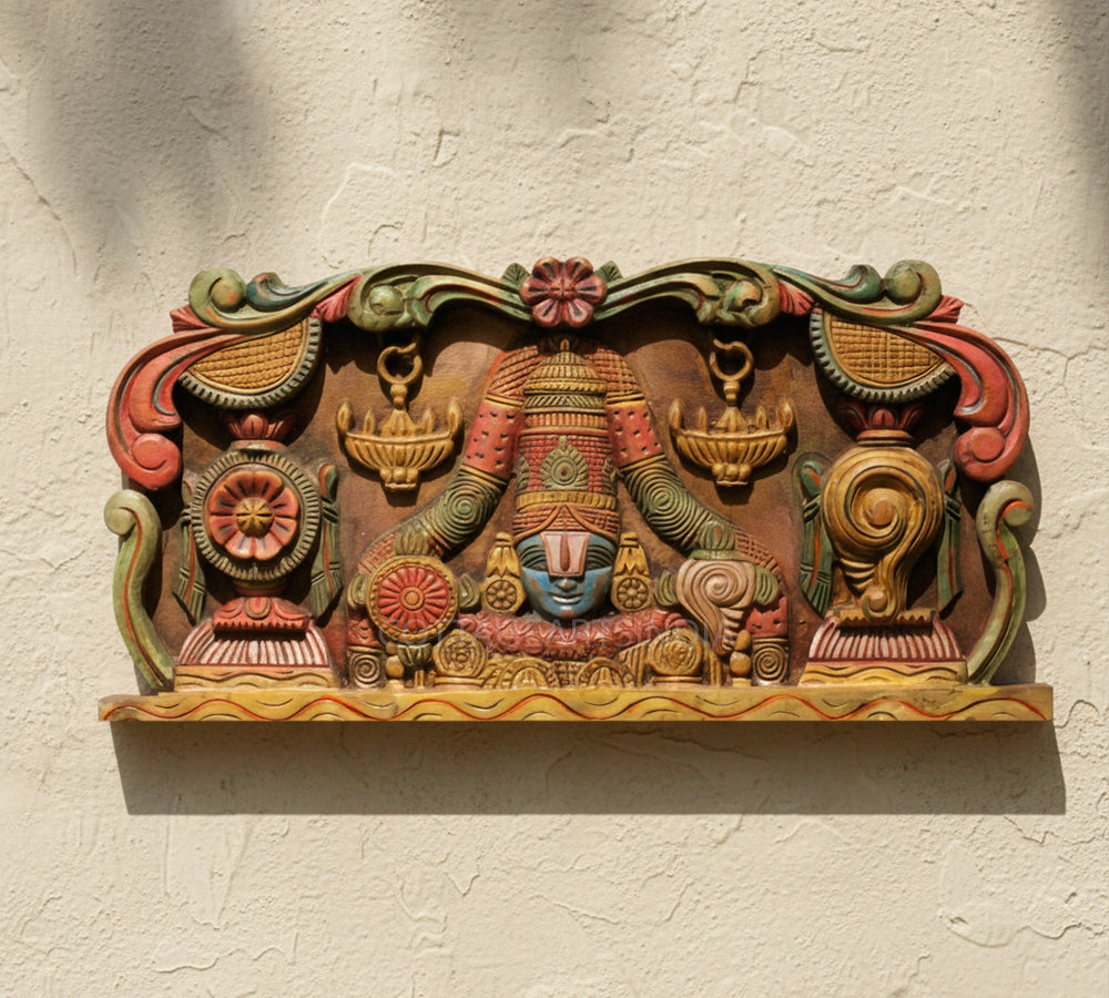 Wooden Hand Carved Wall Panel Balaji -Shankh Chakra