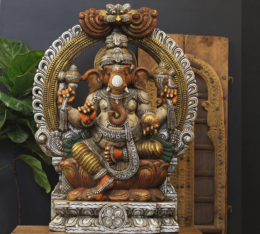 Wooden Ganesh Painted 36" Stone Finish